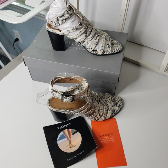 Vionic Sami Snakeskin Leather Strappy Stacked Heel Coushioned Gladiator Sandals - Picture 11 of 16